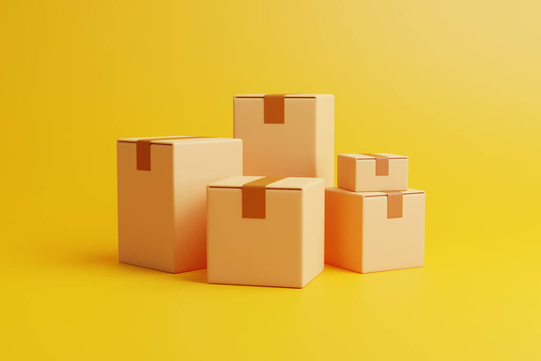 A group of brown cardboard boxes on a yellow background. The concept of transportation and delivery. 3d render illustration - Foto, Bild