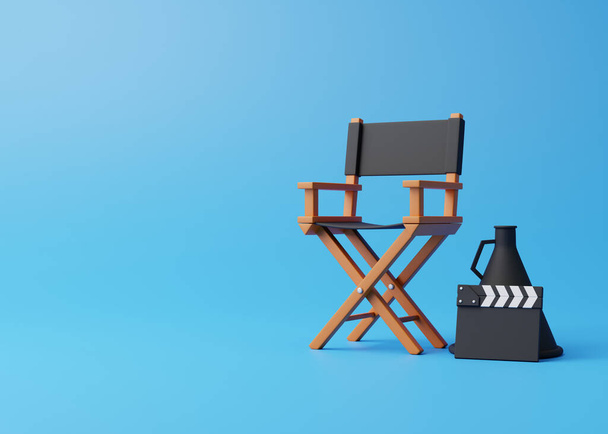 Director chair, clapperboard and megaphone on blue background. Movie industry concept. Cinema production design concept. 3d rendering illustration - Foto, immagini
