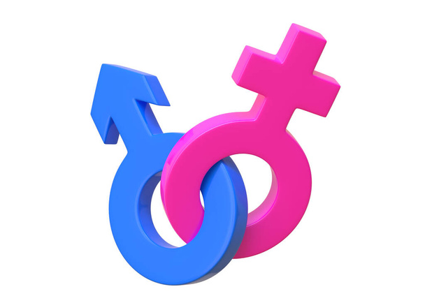 Male and Female symbols joined together on white background. Sexual symbols. Sign of venus and mars. Gender icon. Couple man and woman. 3d Render 3d Illustration - Foto, afbeelding