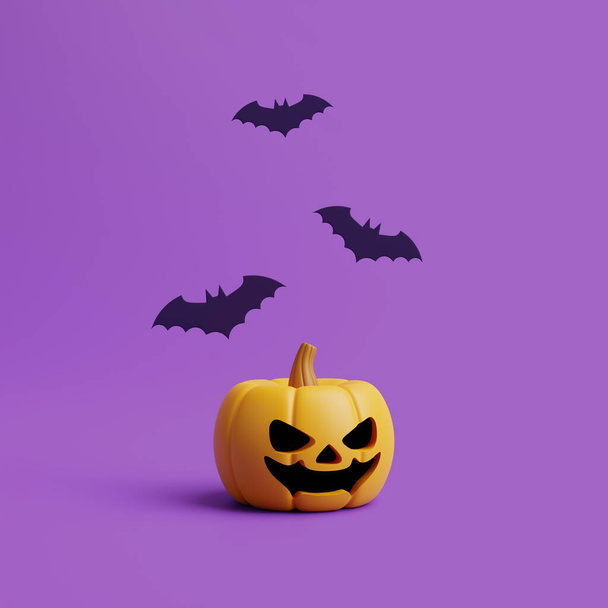 Jack-o-Lantern pumpkin with bats on purple background. Happy Halloween concept. Traditional october holiday. 3d rendering illustration - Foto, Imagen