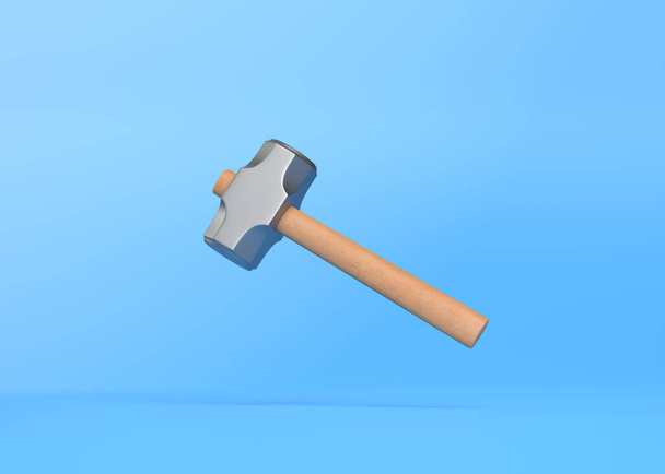Flying hammer on blue background with copy space. Anvil hammer. Hammer tool. Creative minimal concept. 3d rendering 3d illustration - Zdjęcie, obraz