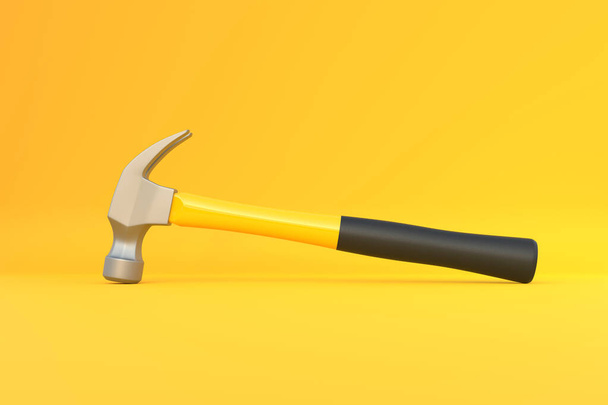 Claw hammer with yellow plastic handle isolated on yellow background. Front view, minimalism. Copy space. 3d rendering illustration - Фото, зображення