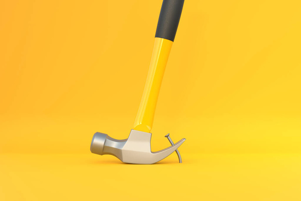 Claw hammer with yellow plastic handle pulling a nail out of a plank on yellow background. Front view, minimalism. Copy space. 3d rendering illustration - Фото, зображення