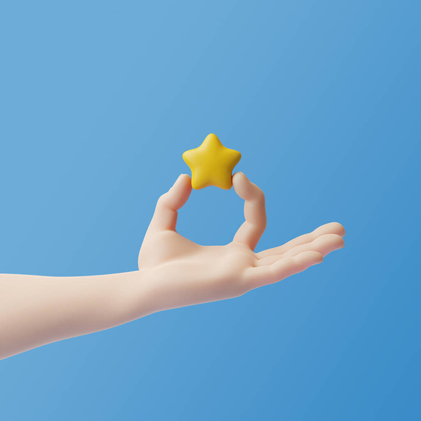 Cartoon hand holding star on a blue background. 3d rendering illustration - Фото, изображение