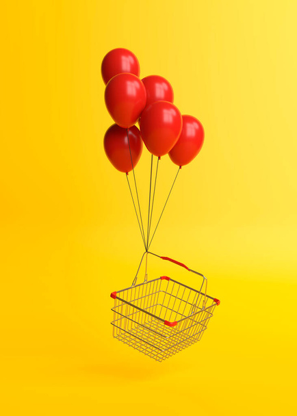 Flying metal shopping basket with balloons on a yellow background. Minimalist concept. 3d render illustration - Fotó, kép