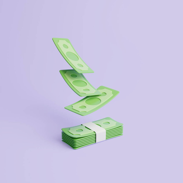 Set of Bundles of money and banknotes floating on purple background. US dollars. Money and payment concept. Minimalist 3d render illustration - Photo, Image