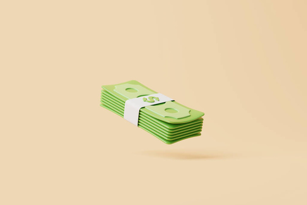 Bundle of money on beige pastel background. US dollars. Money and payment concept. Minimalist 3d render illustration - Photo, Image