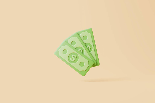 Green paper dollar icon isolated on beige background. Money and payment concept. Minimalist 3d render illustration - Photo, Image