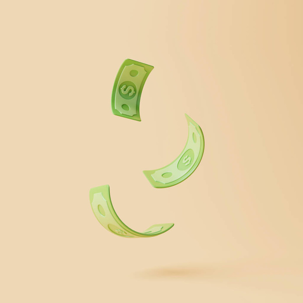 Green paper banknotesfloating on beige background. Money and payment concept. Simple 3d render illustration - Foto, Imagen