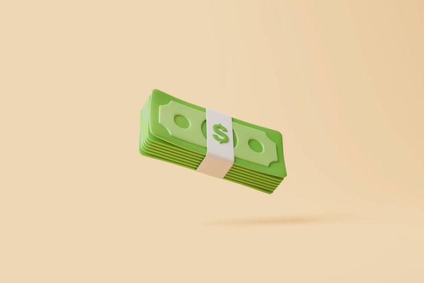 Bundle of money on beige pastel background. US dollars. Money and payment concept. Simple 3d render illustration - Photo, Image