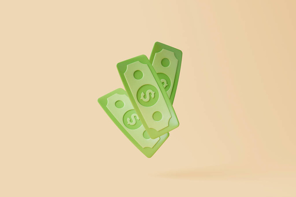 Green paper dollar icon isolated on beige background. Money and payment concept. Simple 3d render illustration - Photo, Image