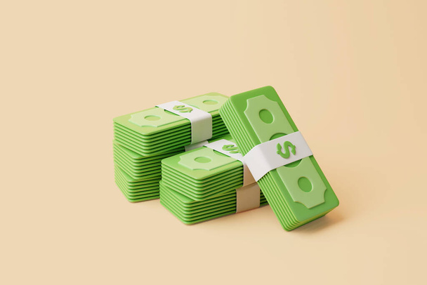 Set of Bundles of money on beige background. US dollars. Money and payment concept. Simple 3d render illustration - Photo, Image