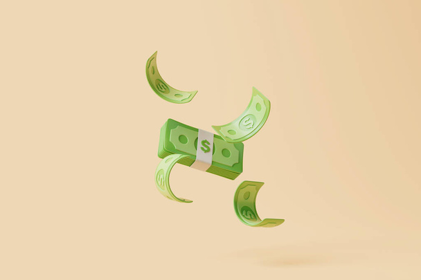 Bundle of dollar banknotes and cash floating on beige background. Money and payment concept. Minimalist 3d render illustration - Foto, Imagen