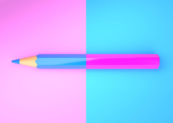 Pink and blue pencils on colorful paper. Colorful pencils. Creative minimal concept background. 3d render illustration - Foto, Imagem