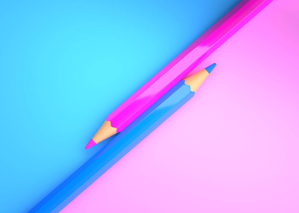 Pink and blue pencils on colorful paper. Colorful pencils. Creative minimal concept background. 3d render illustration - Foto, afbeelding