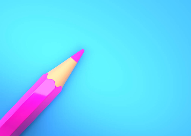 Minimalistische sjabloon met kopieerruimte door bovenaanzicht close-up macro foto van roze potlood geïsoleerd op helder blauw papier. Creatief concept. 3d illustratie weergeven - Foto, afbeelding