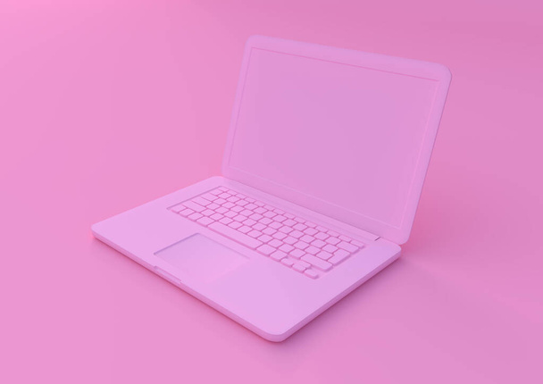 pink laptop isolated on a pink background, pastels color notebook, portable pc, computer 3d illustration 3d rendering - Foto, Imagen