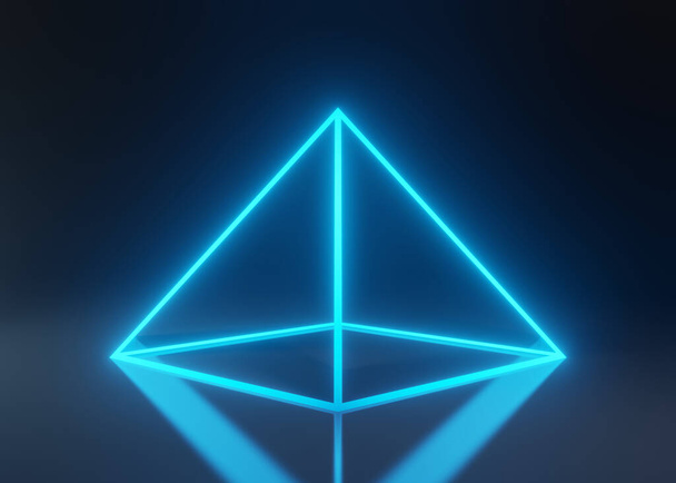Blue Pyramid consisting of luminous lines on a black background. 3D Render 3D Illustration - Fotoğraf, Görsel