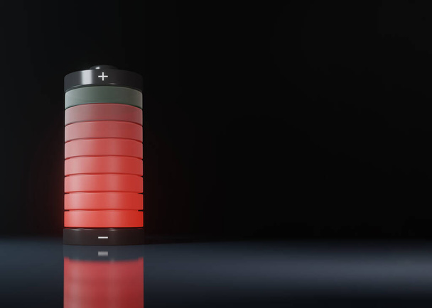 Low charged battery with glowing red light isolated over black background. 3D rendering Illustration - 写真・画像