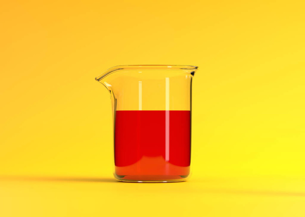 Beaker with red liquid on yellow background. Chemistry flask, Laboratory glassware, equipment. Minimal concept. 3d rendering illustration - Foto, afbeelding