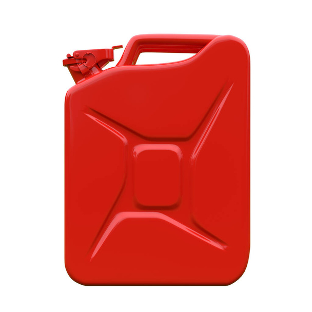 Red metal jerrycan isolated on a white background. Canister for gasoline, diesel gas. 3d rendering illustration - Фото, зображення
