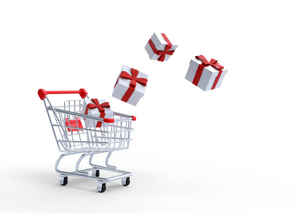 Flying shopping cart with gift on a white background. Shopping Trolley. Grocery push cart. Minimalist concept, isolated cart. 3d render illustration - Photo, Image