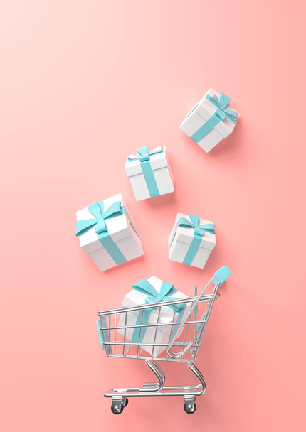 Flying shopping cart with gift on a pink background. Shopping Trolley. Grocery push cart. Minimalist concept, isolated cart. 3d render illustration - Foto, Imagen