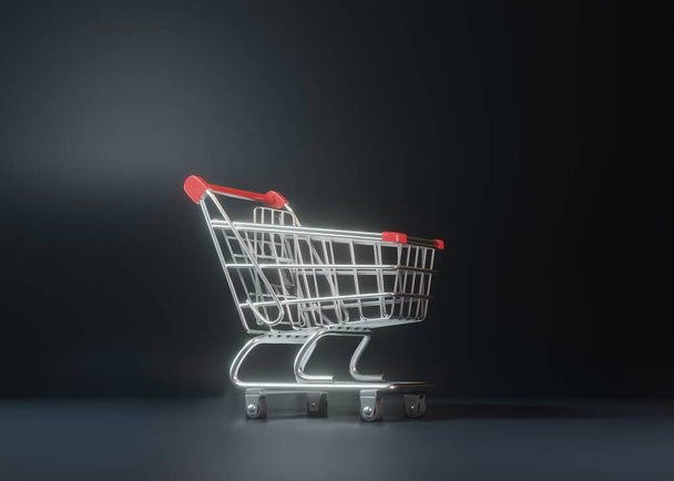Shopping cart on a black background. Shopping Trolley. Grocery push cart. Minimalist concept, isolated cart. 3d render illustration - Zdjęcie, obraz