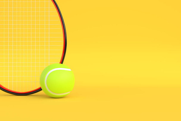 Tennis Racket with Tennis Ball on a yellow background. Front view. 3d Rendering Illustration - Foto, Imagem