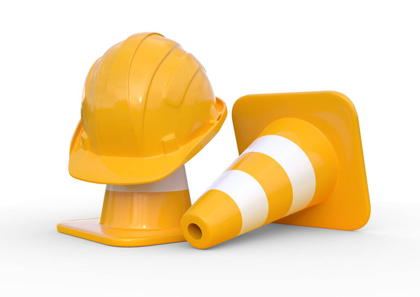 Under construction, traffic cones and safety helmet, isolated on white background. 3d render illustration - Φωτογραφία, εικόνα