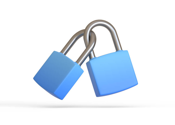 Two blue locked padlocks isolated on white background. Security concept. 3D rendering 3D illustration - Foto, Imagem