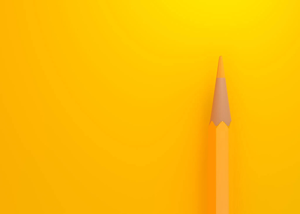 Minimalist template with copy space by top view close up macro photo of yellow pencil isolated on bright yellow paper. Creative concept. 3d render illustration - Photo, image