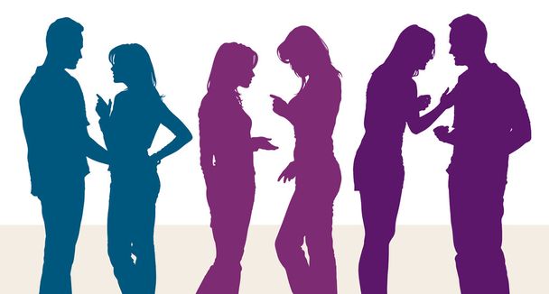 Silhouettes of young women and man arguing with each other - Vector, Image