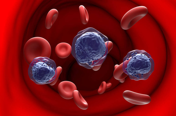 Kan akışındaki akut miyeloid lösemi (AML) hücreleri - bölüm görünümü 3d illüstrasyon - Fotoğraf, Görsel