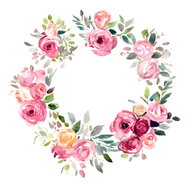 Circle frame with watercolor flowers yellow and pink roses and green leaves. Round template isolated on white . Vector illustration - ベクター画像