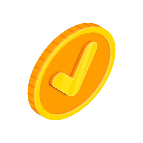 Vector Isometric gold coin with checkmark sign. Approved purchase, successful payment 3D icon. Verified transaction, completed money transfer. For web, app, advert, game coin. - Vector, Image