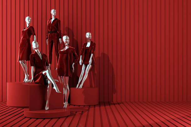 Statue von Modell Schaufensterpuppe in der Präsentation der Mode formale Kleidung in abstrakten Konzept. isolieren auf mehrfarbigem rotem Hintergrund. Rabattverkauf mit Produktständer mit geometrischer Form. 3D-Darstellung - Foto, Bild