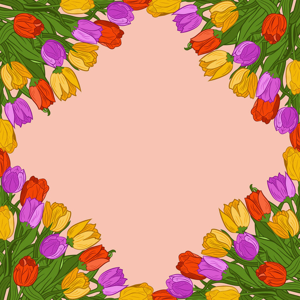 Banner floral vectorial con marco de tulipán colorido. Composición botánica con espacio de texto con flores aisladas de color púrpura, amarillo y rojo. Invitación de boda diseño floral, banner web para ventas, descuento - Vector, imagen