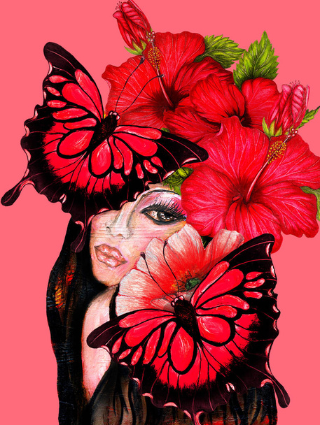 Floral Nymph, Flower Girl, Mixed media painting  - Fotografie, Obrázek
