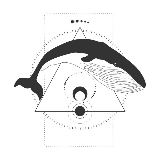 Абстрактная татуировка животного с китом и геометрическими элементами, выделенными на белом фоне. Векторная иллюстрация - Вектор,изображение