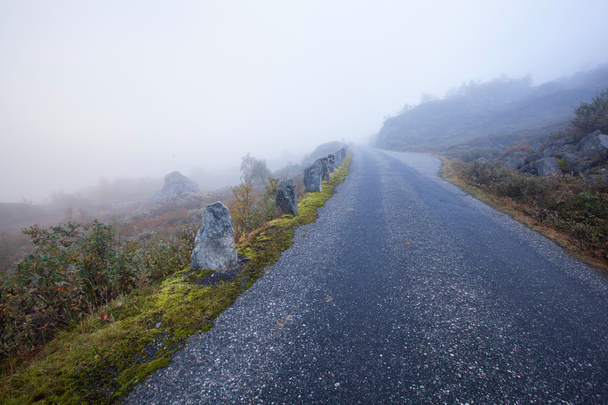 Foggy road in Norway Gamle Strynefjellsvegen - Fotoğraf, Görsel
