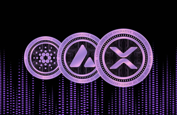 cardano-ada, avalanche-avax and ripple-xrp virtual currency logo. 3d illustrations. - Фото, изображение