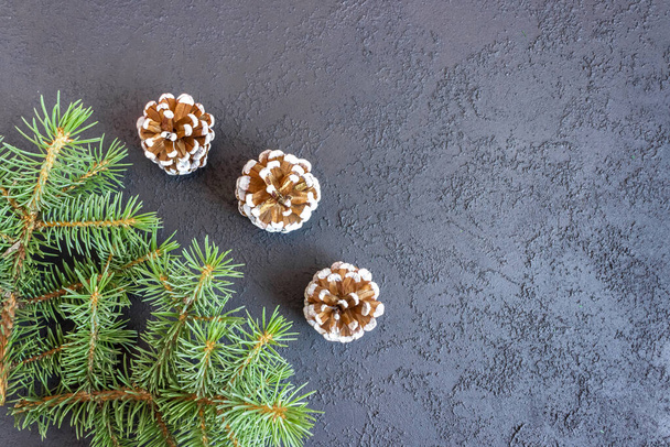 Spruce branches with cones on concrete background. Holiday banner, postcard, invitation. The concept of New Year and Christmas. Copyspace. - 写真・画像