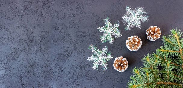 Fir branches with cones and snowflakes on a concrete background. Festive banner, postcard, invitation. New Year and Christmas concept. Copyspace. - Zdjęcie, obraz