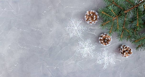 Fir branches with cones and snowflakes on a concrete background. Festive banner, postcard, invitation. New Year and Christmas concept. Copyspace. - 写真・画像