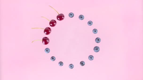 4k円の中に配置された熟したチェリーが交互にブルーベリーに変わります。ピンクの背景。果実の季節と適切な栄養の概念。ピンクの背景。コピースペース。平置きだ。ストップモーションアニメーション. - 映像、動画