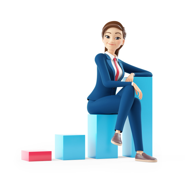 3d mujer de negocios de dibujos animados sentado en gráfico de barras, ilustración aislada sobre fondo blanco - Foto, imagen