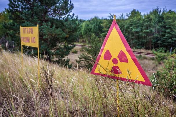 Σήμανση προειδοποίησης ακτινοβολίας στη λεγόμενη περιοχή του Κόκκινου Δάσους στη ζώνη αποκλεισμού του Τσερνομπίλ στην Ουκρανία - Φωτογραφία, εικόνα