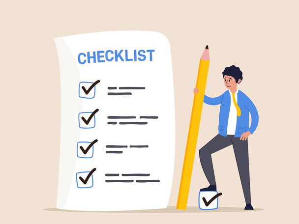 Achievement concept. Checklist for work completion, review plan, business strategy or todo list for responsibility, confident businessman standing with pencil after completed all tasks checklist - Vector, Image