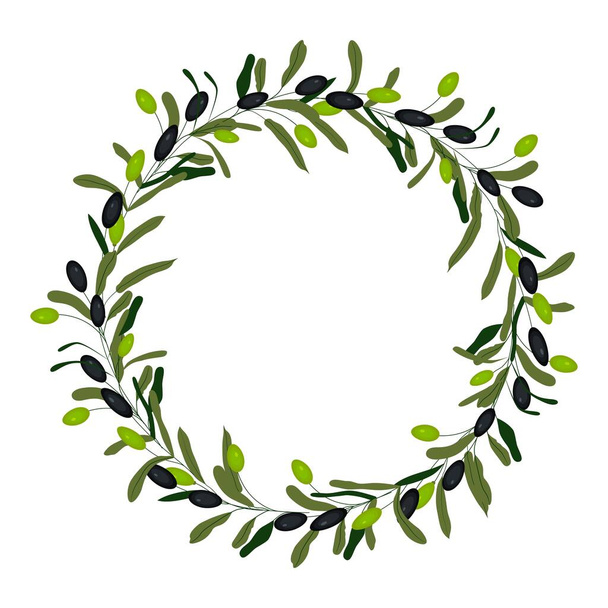 Green and black vector olive wreath isolated on white background. Olives are oil sign, healthy products, organic cosmetics, eco food, natural element. - Vector, Imagen
